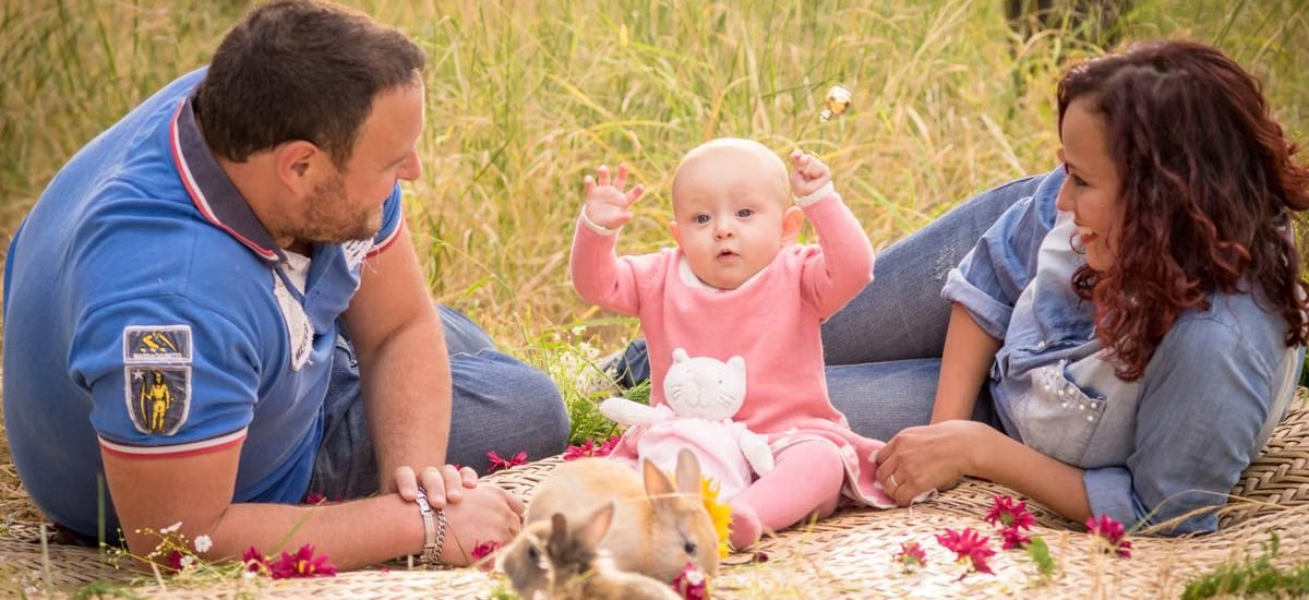 A family enjoying a picnic outdoors with their baby and rabbits.